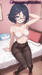 1girls :p ;p ahoge ai_generated anime anime_style arm_behind_head arm_support arm_up armpit armpits bangs bare_arms bare_shoulders bed black-framed_eyewear black_hair black_pantyhose blue_eyes blue_hair blush bow bow_bra bra breasts brown_pantyhose bust busty cleavage closed_mouth clothing collarbone crotch_seam female female_focus female_only full_body glasses hair_clips hair_ornament hairclip hentai hi_res high_quality high_resolution highres indoors knees_together_feet_apart looking_at_viewer medium_breasts megane mila_(miside) miside mita_(miside) mole natsuyoru navel no_panties on_bed one_eye_closed pantyhose picture_frame pillow red_footwear round_eyewear short_hair sitting slippers smile solo solo_female stomach stuffed_animal stuffed_toy thighband_pantyhose tongue tongue_out underwear underwear_only voluptuous voluptuous_female white_bra wooden_floor