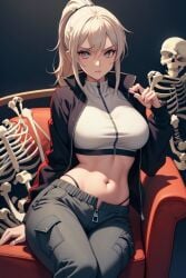 abs ai_generated belly_button cargo_pants legs_crossed makeup messy_hair muscular original original_character ponytail scowl sitting skeleton solo_female sweat_pants thong tomboy white_hair