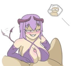 1boy 1girls avelitu breasts engulfing_paizuri femdom huge_breasts paizuri purple_hair succubus yumi_(avelitu)