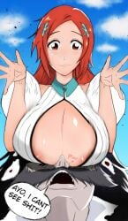 1boy 1girls bleach bleach:_the_thousand-year_blood_war breast_rest breasts_on_face cleavage cleavage_cutout cleavage_window clothing_cutout english_text hair_ornament inoue_orihime large_breasts older_male orange_hair straight tagme yhwach younger_female