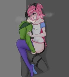 against_wall camila_(vtuber) carrying_partner drunk holding_butt hoodie implied_sex indie_virtual_youtuber pink_hair stockings straight tail vedal987 virtual_youtuber