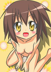 above_view blush breasts brown_hair cute_fang female female_only high_resolution huge_eyes human kusakabe_misao looking_at_viewer looking_up lucky_star nipples nude open_mouth pale_skin pointy_chin sitting solo yellow_eyes