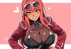 ai_generated big_breasts body_stocking dark-skinned_female dark_skin goddess_of_victory:_nikke huge_breasts jacket large_breasts mullon novelai pantyhose red_hair smile tan_body volume_(nikke) yellow_eyes