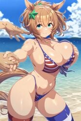 ai_generated american_flag_bikini animal_ears beach big_breasts blue_eyes female hair_accessory horse_girl light_brown_hair ponytail taiki_shuttle_(umamusume) umamusume umamusume_pretty_derby