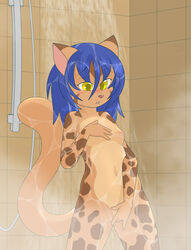 anthro blue_hair breasts feline female fingering fur furry hair helsy masturbation nude shower solo standing yellow_eyes