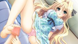 amagi_sakino barefoot blonde_hair blush censored game_cg green_eyes ikura_nagisa long_hair mashiro_summer panties penis underwear