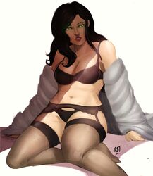 1girls asami_sato avatar_legends black_bra black_panties bra clothing female female_only garter_belt human large_breasts open_clothes open_shirt panties redblacktac shirt smooth_skin solo stockings the_legend_of_korra