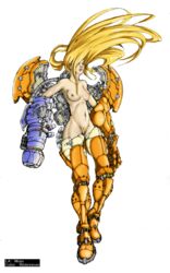 arm_cannon armed armor blonde_hair breasts closed_eyes female female_only highres human long_hair metroid muju navel nintendo nipples nude ponytail power_suit pubic_hair pussy samus_aran solo tied_hair undressing varia_suit weapon