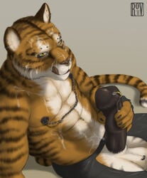 1boy 2011 anthro balls cum feline fur furry horsecock leather male male_only nipples penis piercing rov solo tiger