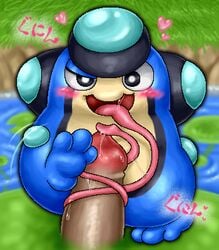 aliasing blush box_xod heart human japanese_text licking long_tongue looking_at_viewer male on_one_foot open_mouth oral_sex outdoors palpitoad penis pokemon pokephilia saliva sex swamp text tongue tongue_wrap tonguejob