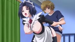 1boy animated arm_grab arm_hold bouncing_breasts breasts brother_and_sister chiyo_(swing_out_sisters) clothed_sex doggy_style incest maid_uniform male nipples older_sister sex shameless short_hair swing_out_sisters thighhighs younger_brother