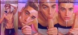 2boys abs adonis_belt blowjob blowjob_face blue_eyes brown_hair cheek_bulge cock_gobble cock_hungry cum_dripping cum_dripping_down_chin cum_hungry cum_in_mouth cumming eating_cum erect_nipples erection fellatio gay giving_head going_down_on hand_behind_head holding_penis human human_only large_penis looking_at_viewer male_only meme mouthful oral_sex pecs penis_in_mouth pov selfie sucking_off text topless uncircumcised uncut yaoi zane_nox