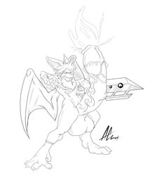 ahnfien anthro balls bat big_balls big_penis cum ear hyper hyper_balls hyper_penis ink knife magic monochrome penis pinup shade_vasmir solo sword weapon wings