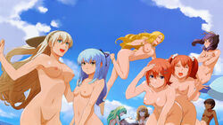 bangs blue_hair blush bracelet breasts cecil_neues character_request eiyuu_densetsu elie_macdowell falcom fran_seeker green_eyes grey_hair hair_ribbon hairband highres ilya_platiere jewelry kea_bannings long_hair mound_of_venus multiple_girls navel nipples noel_seeker nude nude_filter open_mouth photoshop ponytail pussy ribbon rixia_mao tied_hair tio_plato uncensored yellow_eyes zero_no_kiseki