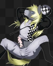 1boy blonde_hair blue_eyes chaz_(oc) hair horsecock male male_only mirapony penis racing_uniform solo