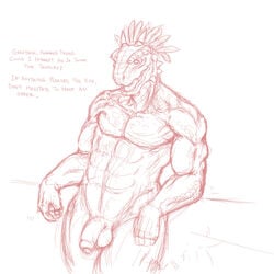 1boy 2011 argonian balls dreke feathers flaccid horn madesi male male_only muscles nude penis scalie sketch solo the_elder_scrolls uncut video_games