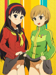 accurate_art_style amagi_yukiko black_eyes black_hair blush brown_eyes brown_hair cardigan fat_mons hairband high_resolution human human_only long_hair multiple_girls no_legwear no_panties open_mouth persona persona_4 pointy_chin pussy satonaka_chie school_uniform shaved_pussy short_hair skirt skirt_lift smile style_parody teeth track_jacket travesters uncensored