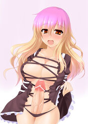 1futa akaneman black_panties blonde_hair blush breasts brown_eyes censored cleavage collarbone dress dress_lift erection futa_only futanari gradient_eyes high_resolution hijiri_byakuren intersex large_breasts multicolored_eyes multicolored_hair no_bra open_dress open_mouth panties penis pink_hair pointless_censoring simple_background solo touhou two_tone_hair underwear usami_akane