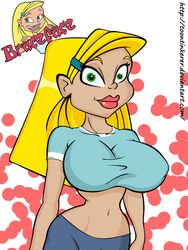 1girls blonde_hair braceface braces female female_only green_eyes hourglass_figure lipstick pointy_chin sharon_spitz solo teenager toontinkerer white_background