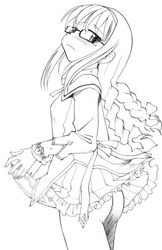 1futa akemi_homura ass blush braid censored futa_only futanari glasses hairband intersex long_hair lowres magical_girl mahou_shoujo_madoka_magica monochrome penis rate simple_background skirt solo twin_braids white_background