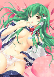 1girls bare_shoulders breasts breasts_apart brown_eyes censor_hair censored convenient_censoring detached_sleeves female finger_to_mouth fingering frog green_hair hair_between_eyes hair_ornament hair_over_breasts hand_in_panties large_breasts long_hair lying masturbation no_bra on_back open_clothes open_shirt panties pink_background pink_panties sanae_kochiya shirt side-tie_panties skirt skirt_pull snake solo touhou tsukiji underwear