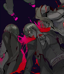 4boys blazblue blood cape green_hair guro hazama multiple_boys necktie open_mouth tie yellow_eyes yuuki_terumi