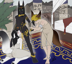 amun anthro anubian_jackal ass bed bedroom breasts canine egyptian female fur furry human hybrid jackal jewelry licking nipples nude pussy royalty tail yuri