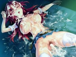 after_sex artist_request bb blush breasts bukkake censored closed_eyes cum cum_everywhere cum_inside cum_pool cumdrip draining excessive_cum game_cg large_breasts lying navel no_panties on_back open_mouth pussy red_hair skirt_lift thighhighs tongue topless unconscious wazakita