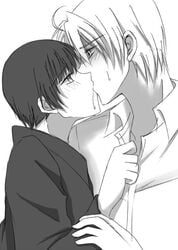 2boys alfred_jones america_(hetalia) axis_powers_hetalia dark_hair honda_kiku japan_(hetalia) kissing male monochrome multiple_boys yaoi