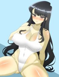 black_hair blue_background blush breasts brown_eyes doors_drop komi-san_wa_komyushou_desu komi_shouko long_hair nipple_bulge solo