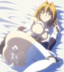 1boy 1girls 2d aneimo aneimo_~square_sister~ animated ass bed bra breasts censored clothed_sex clothing cum cum_in_pussy cum_inside female female_orgasm human human_female human_male human_only kirishima_satsuki lowres lying male on_bed orgasm panties penis pussy sex skirt stockings straight