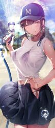 1girls baseball_cap blush breasts cap dressed female female_only gentsuki hose looking_at_viewer one_eye_closed original seductive see-through skirt solo solo_female t-shirt twintails undressing wet wet_clothes wink