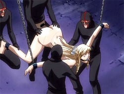 1girls 4boys ass assisted_rape ball_gag blonde_hair bondage chains discipline:record_of_a_crusade drill_hair female gag gangbang mask morimoto_leona nude orgy penis rape ribbon screencap sex