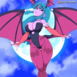 1girls 2d 2d_animation animated animated_gif arm_gloves bat_print bat_wings bouncing_breasts breasts capcom cleavage clothing darkstalkers female female_only floating flying full_moon gif green_eyebrows green_eyes green_hair head_wings leotard long_hair looking_away medium_breasts morrigan_aensland pantyhose solo solo_female succubus twistedgrim wings