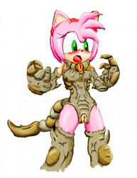 1_eye amy_rose anthro artistafrustrado biosuit blush crotchless female female_only fur furry green_eyes hairband hedgehog highres living_armor living_clothes open_mouth parasite pussy red_eyes sega sigma_star_saga solo sonic_(series) sonic_the_hedgehog_(series) straight_hair transformation