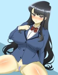 bar_censor black_hair blue_background blush bottomless brown_eyes censor_bar censored doors_drop exposed_pussy komi-san_wa_komyushou_desu komi_shouko long_hair nipple_bulge school_uniform solo