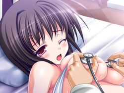 akaza black_hair blush bondage breast_bondage breasts doctor examination_room hospital_bed medical naked_bandage open_mouth red_eyes short_hair stethoscope stethoscope_to_breast stethoscope_to_nipple sweat