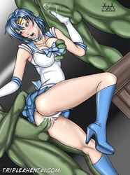 2008 aaaninja ami_mizuno bishoujo_senshi_sailor_moon blue_eyes blue_hair blush boots clothed_sex clothing creampie cum female heels high_heel_boots high_heels human lipstick male medium_breasts panties rape sailor_mercury skirt straight straight_hair threesome uncensored