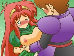 armor benjamin_(ffmq) blush breasts brown_hair couple cum dress female final_fantasy final_fantasy_mystic_quest green_eyes hand_holding karen_(ffmq) long_hair lunatiris male nipples red_hair short_hair tiara