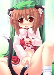 animal_ears cat_ears cat_tail censored chen fur multi_tail skirt_lift sweat tail tail_masturbation tears touhou yokuran