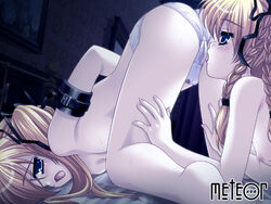 2girls arms_behind_back ass blonde_hair blue_eyes blush bondage bound_arms bound_wrists braid breast_press breasts cameltoe cuffs cunnilingus doggy_style female femdom game_cg hair_ribbon imi_(shinju_no_yakata) incest itsuki_(shinju_no_yakata) logo meteor_(company) multiple_girls open_mouth oral panties ribbon sex shinju_no_yakata siblings sister sisters tied_hair top-down_bottom-up topless twincest twins twintails underwear wet_panties white_panties yuri yuyi zzz