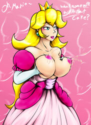 a-c_(adobel57) alternate_breast_size breast_squeeze breasts female human lactation mario_(series) milk nintendo nipples princess_peach straight_hair