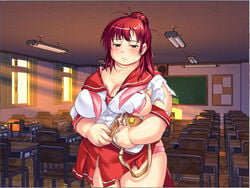 1girls breasts embarrassed fat female female_only play!_play!_play! red_hair school_uniform solo thick_thighs thighs torn_clothes wazakita yamamoto_sachie