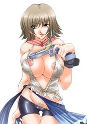 :p bare_shoulders big_breasts bike_shorts blue_eyes breasts brown_hair cameltoe color female final_fantasy final_fantasy_x final_fantasy_x-2 green_eyes gun heterochromia large_breasts mizuryuu_kei nipples pink_nipples pubic_hair short_hair shorts solo tongue weapon wristband yuna