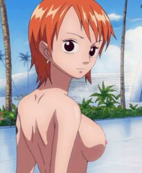 1girls animated areola artist_request big_breasts breast_hold breasts brown_eyes busty cleavage earrings female female_only human jewelry large_breasts lowres nami nami_(one_piece) nipples nude one_piece orange_hair outdoors outside photoshop pre-timeskip short_hair solo straight_hair voluptuous