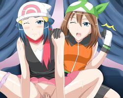 blood censored dawn_(pokemon) female green_bandana human human_only male may_(pokemon) may_(pokemon_emerald) panties_around_leg penis pink_panties pokemon pokemon_dppt pokemon_rse prede sex straight sweat unseen_male_face