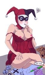 1girls babydoll batman:_the_animated_series batman_(series) big_breasts blue_eyes blush breasts dc dc_comics dcau female female_focus harley_quinn harley_quinn_(classic) jester_cap light-skinned_female light_skin lingerie male mask midriff navel nipples partial_male pink_nipples red_lingerie see-through sitting solo speech_bubble text the_joker underwear yamaneko_tora