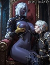 1boy 1girls 2d ai_generated athletic athletic_female big_breasts blue_skin breast_sucking dark-skinned_female dark_elf dark_skin detailed_female drow elf elf_ears elf_female elf_girl fallen_throne female fit fit_female girl gloves golden_eyes hi_res high_resolution highres huge_breasts large_breasts male male/female manaworld midriff nipple_licking nipples nualia pony_diffusion_xltasy queen_nualia serotec short_hair smile straight sucking_nipples thick_female thick_legs white_hair yellow_eyes