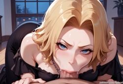 1boy ai_generated balecxi bare_shoulders black_dress bleach bleach:_the_thousand-year_blood_war blonde_hair blue_eyes blush breasts cum cum_in_mouth deepthroat fellatio female forehead huge_breasts indoors jewelry looking_at_viewer male_pubic_hair matsumoto_rangiku necklace off-shoulder_dress off_shoulder oral parted_bangs patreon_username penis pov short_hair solo_focus straight uncensored v-shaped_eyebrows window