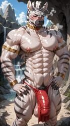 1boy abs ai_generated anthro armlet balls big_muscles big_penis blush bracelet cock cock_bulge collar day daytime eyebrows eyelashes front_view furry hands_on_hips hi_res highres huge_bulge huge_cock huge_muscles large_penis loincloth looking_at_viewer male male_only muscles muscular muscular_male outdoors outside pierced_nipples pubes red_eyes ring sagging_balls smug solo solo_male standing steam steaming_body strong sweat sweatdrop sweating sweaty synthneon veiny_balls veiny_muscles veiny_penis zebra